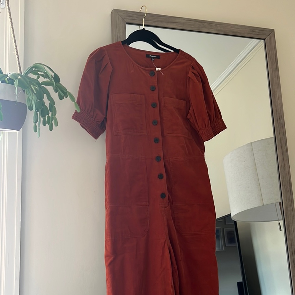 Madewell Corduroy Puff-Sleeve Button-Front Jumpsuit